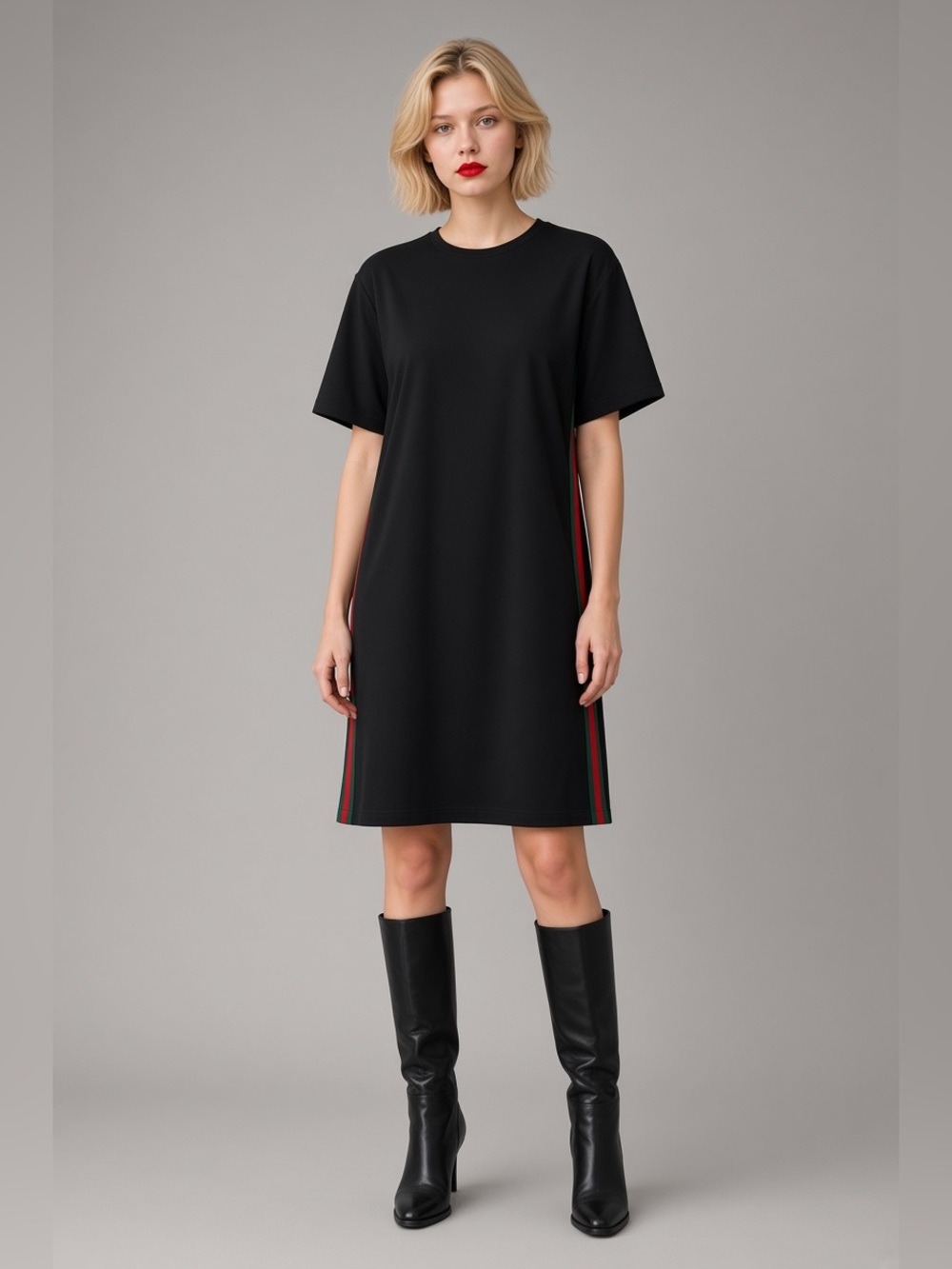 Gucci Black Short Sleeve Web Stripe Shift Dress Mini Dress Black & Red Size 42